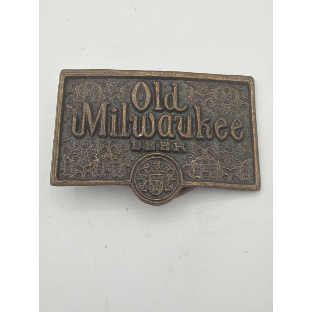 Vintage Old Milwaukee Beer Brass Belt Buckle Raised Crest Logo Rare